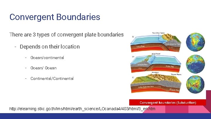 Convergent Boundaries There are 3 types of convergent plate boundaries - Depends on their
