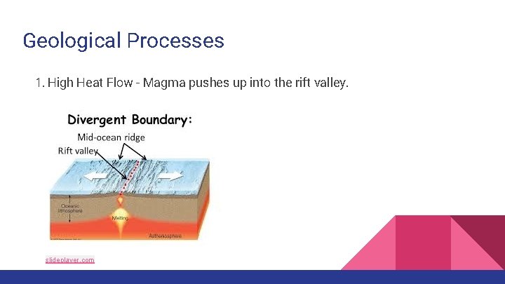 Geological Processes 1. High Heat Flow - Magma pushes up into the rift valley.