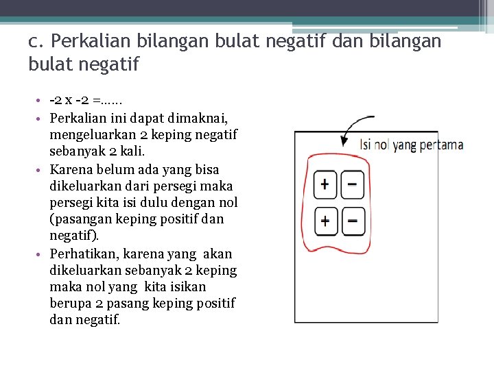 c. Perkalian bilangan bulat negatif dan bilangan bulat negatif • -2 x -2 =.