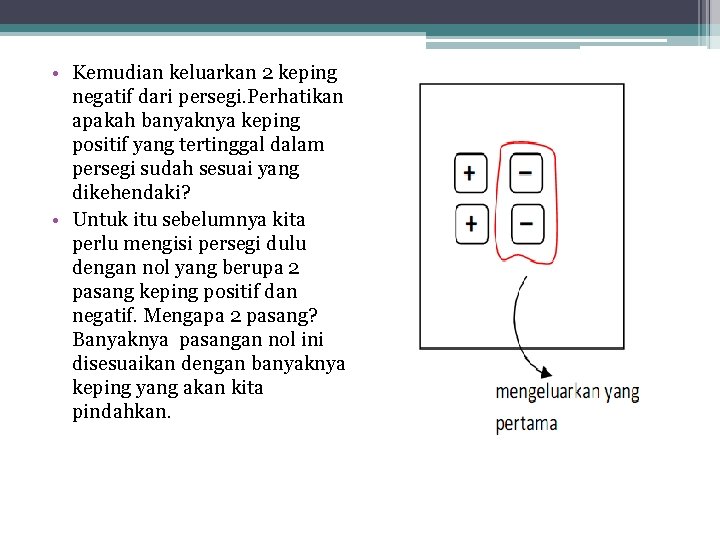  • Kemudian keluarkan 2 keping negatif dari persegi. Perhatikan apakah banyaknya keping positif