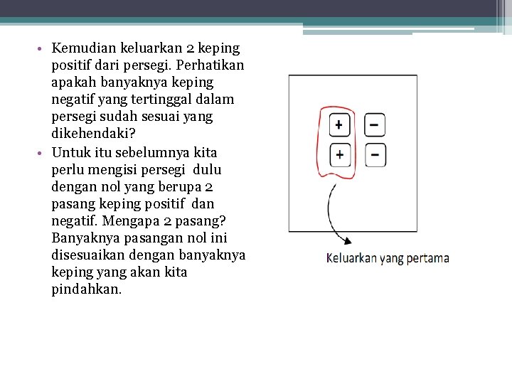  • Kemudian keluarkan 2 keping positif dari persegi. Perhatikan apakah banyaknya keping negatif