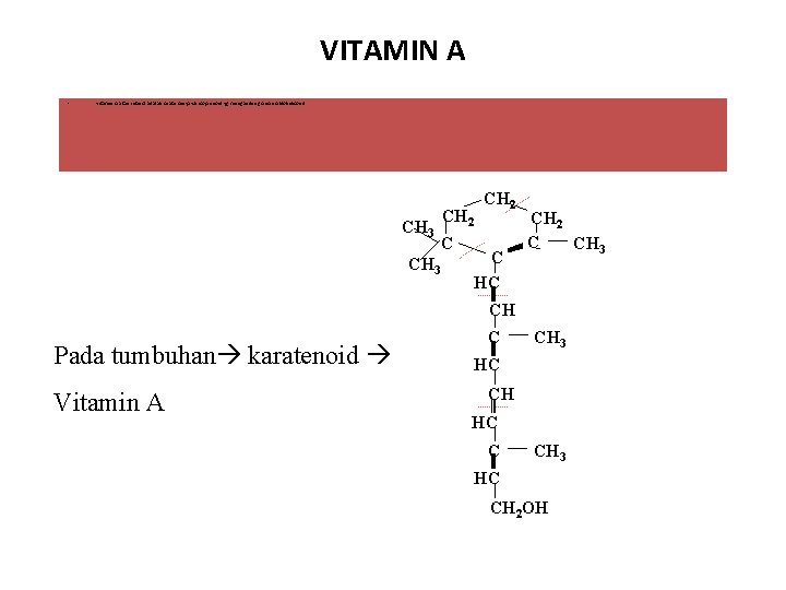 VITAMIN A • vitamin A atau retinol adalah suatu senyawa isoprenoid yg mengandung cincin