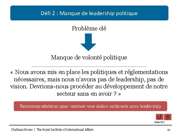 Défi 2 : Manque de leadership politique Problème clé Manque de volonté politique «