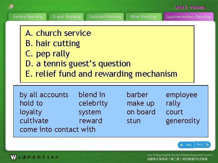 Unit 22 Values Unit Before Reading Global Reading Detailed Reading After Reading Supplementary Reading