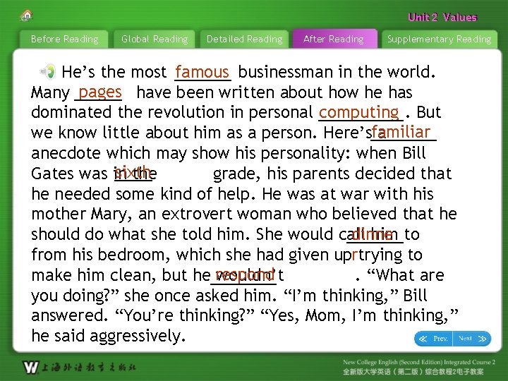 Unit 22 Values Unit Before Reading Global Reading Detailed Reading After Reading Supplementary Reading