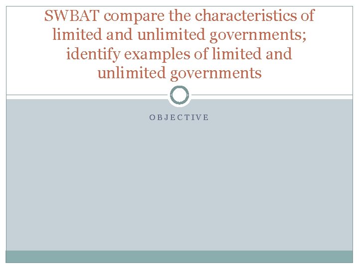 SWBAT compare the characteristics of limited and unlimited governments; identify examples of limited and