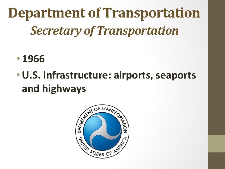 Department of Transportation Secretary of Transportation • 1966 • U. S. Infrastructure: airports, seaports