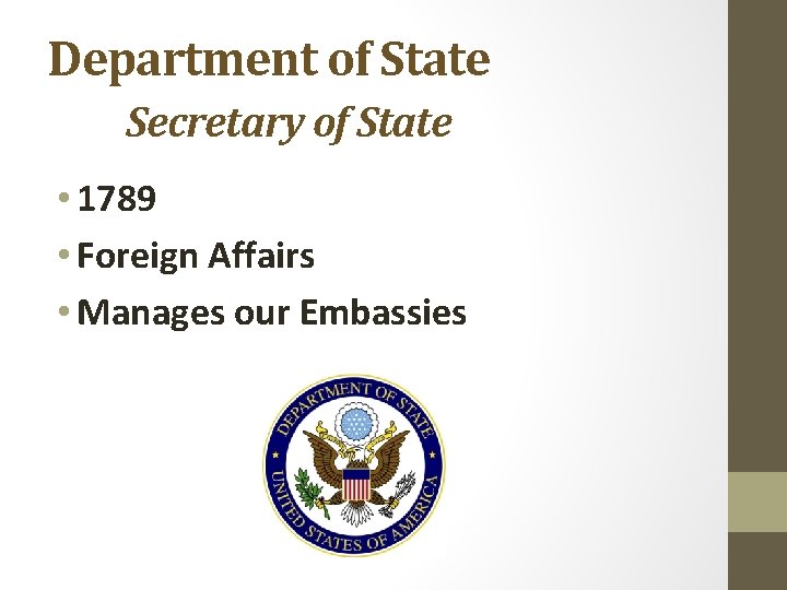 Department of State Secretary of State • 1789 • Foreign Affairs • Manages our