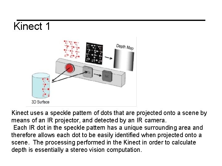 Kinect 1 Kinect uses a speckle pattern of dots that are projected onto a