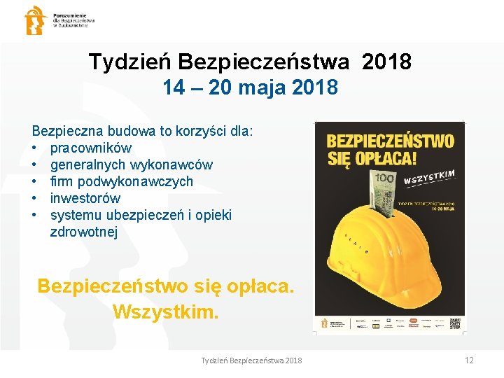 Tydzień Bezpieczeństwa 2018 14 – 20 maja 2018 Bezpieczna budowa to korzyści dla: •