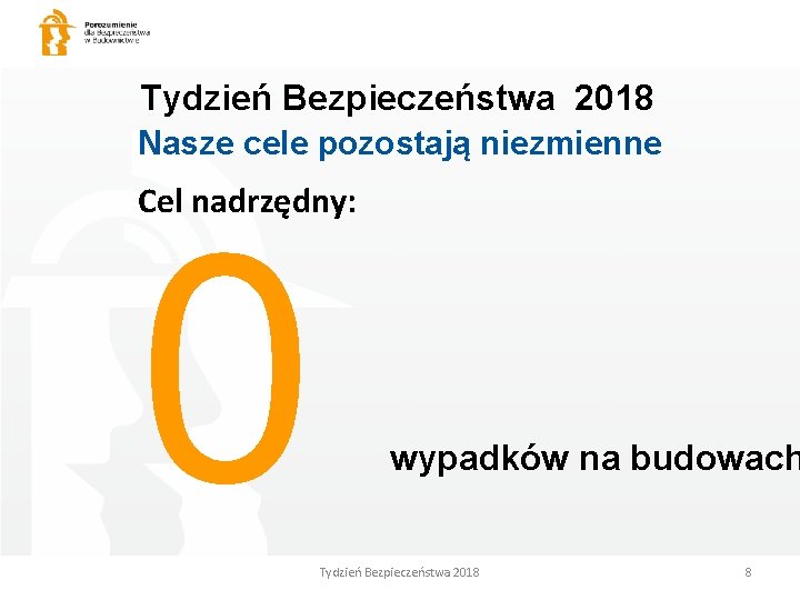 Tydzień Bezpieczeństwa 2018 Nasze cele pozostają niezmienne Cel nadrzędny: 0 wypadków na budowach Tydzień