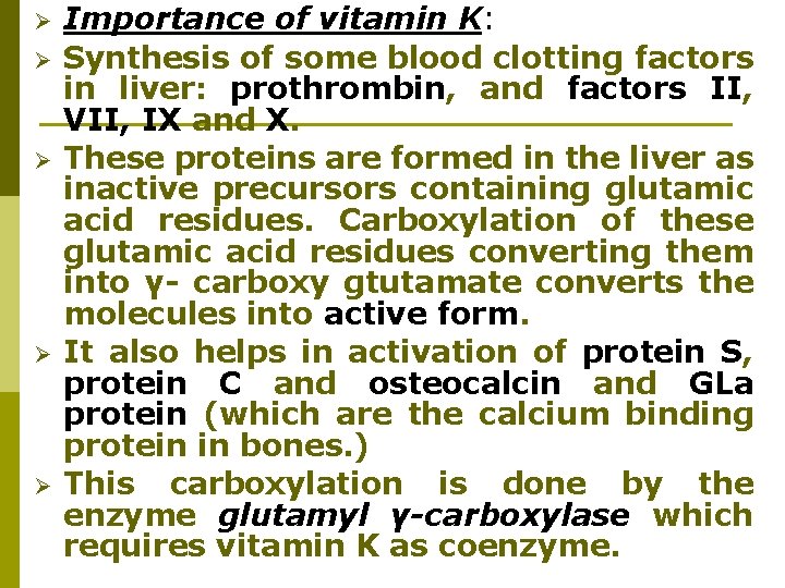 Ø Ø Ø Importance of vitamin K: Synthesis of some blood clotting factors in Ø Ø Ø Importance of vitamin K: Synthesis of some blood clotting factors in