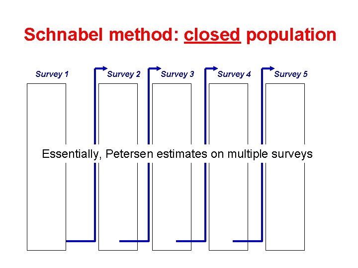 Schnabel method: closed population Survey 1 Survey 2 Survey 3 Survey 4 Survey 5