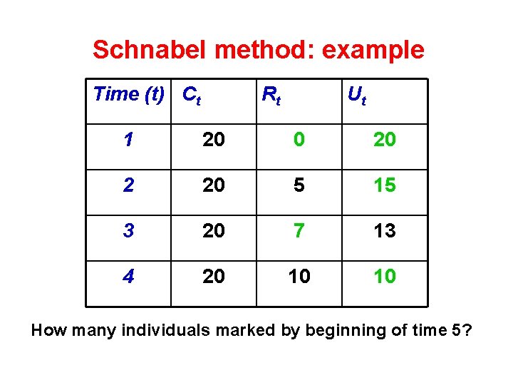 Schnabel method: example Time (t) Ct Rt Ut 1 20 0 20 2 20