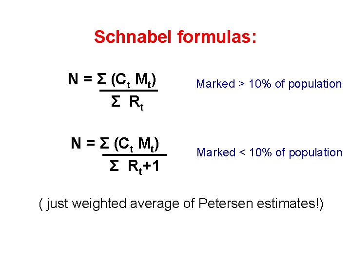 Schnabel formulas: N = Σ (Ct Mt) Σ Rt+1 Marked > 10% of population