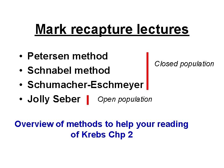 Mark recapture lectures • • Petersen method Closed population Schnabel method Schumacher-Eschmeyer Open population