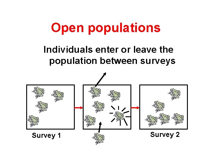 Open populations Individuals enter or leave the population between surveys Survey 1 Survey 2