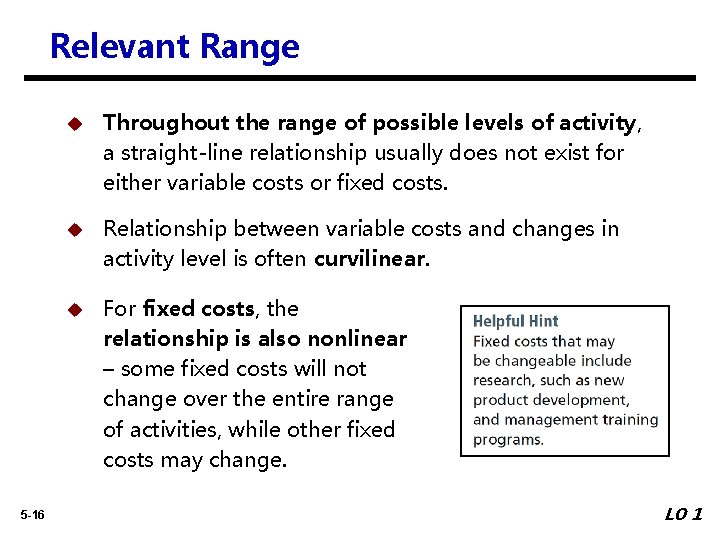 Relevant Range 5 -16 u Throughout the range of possible levels of activity, a