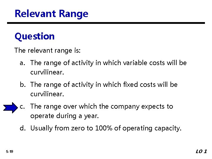 Relevant Range Question The relevant range is: a. The range of activity in which