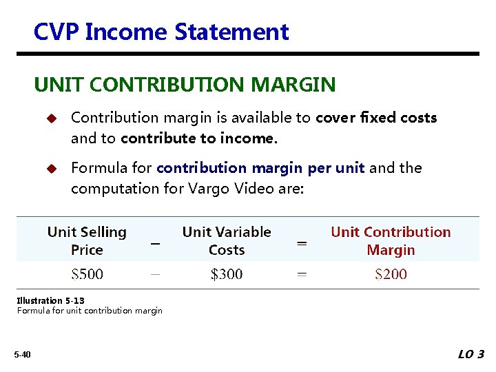 CVP Income Statement UNIT CONTRIBUTION MARGIN u Contribution margin is available to cover fixed