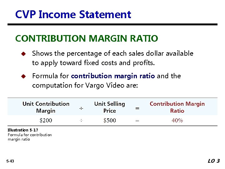 CVP Income Statement CONTRIBUTION MARGIN RATIO u Shows the percentage of each sales dollar