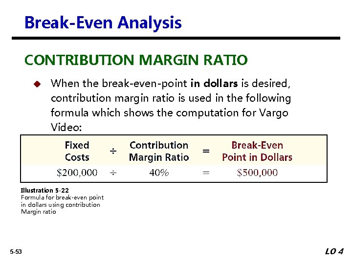 Break-Even Analysis CONTRIBUTION MARGIN RATIO u When the break-even-point in dollars is desired, contribution