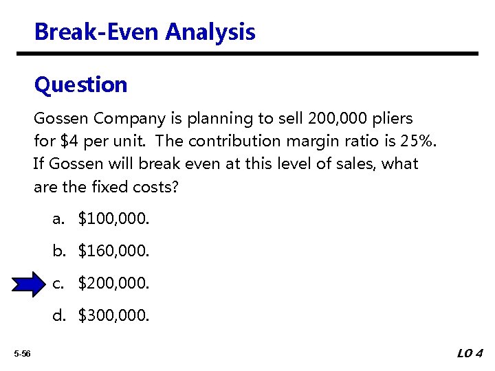 Break-Even Analysis Question Gossen Company is planning to sell 200, 000 pliers for $4