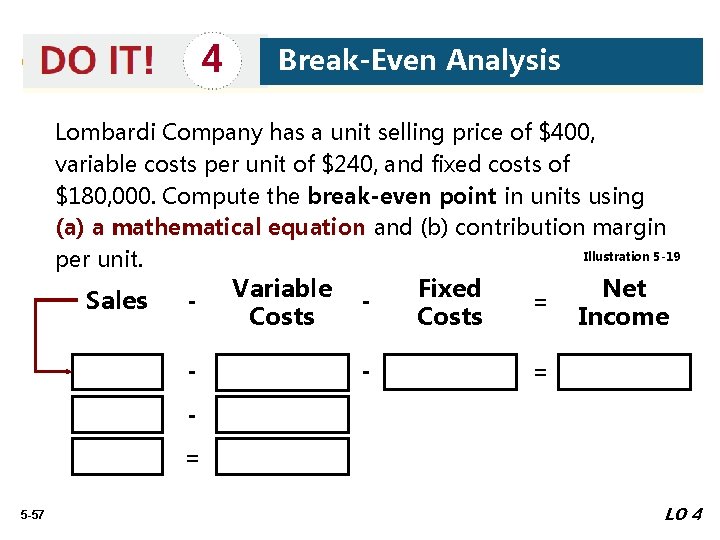 4 Break-Even Analysis Lombardi Company has a unit selling price of $400, variable costs