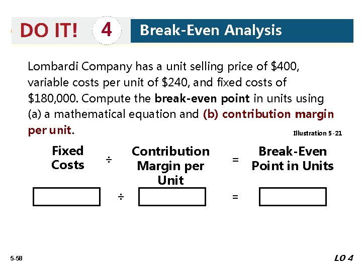 4 Break-Even Analysis Lombardi Company has a unit selling price of $400, variable costs