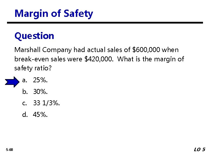 Margin of Safety Question Marshall Company had actual sales of $600, 000 when break-even