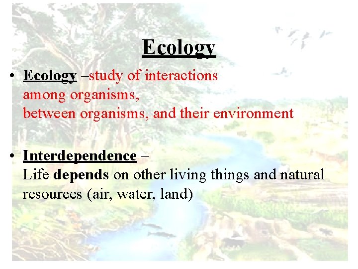 Ecology • Ecology –study of interactions among organisms, between organisms, and their environment •