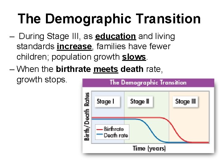 The Demographic Transition – During Stage III, as education and living standards increase, families