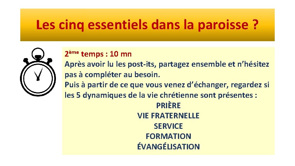 Les cinq essentiels dans la paroisse ? 2ème temps : 10 mn Après avoir