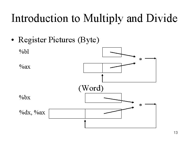 Introduction to Multiply and Divide • Register Pictures (Byte) %bl * %ax (Word) %bx