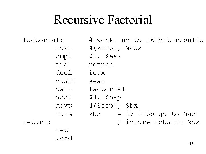 Recursive Factorial factorial: movl cmpl jna decl pushl call addl movw mulw return: ret.