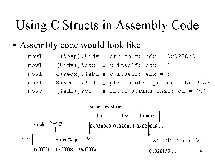 Using C Structs in Assembly Code • Assembly code would look like: movl 4(%esp),