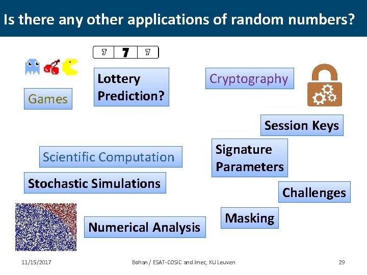 Is there any other applications of random numbers? Games Lottery Prediction? Cryptography Session Keys