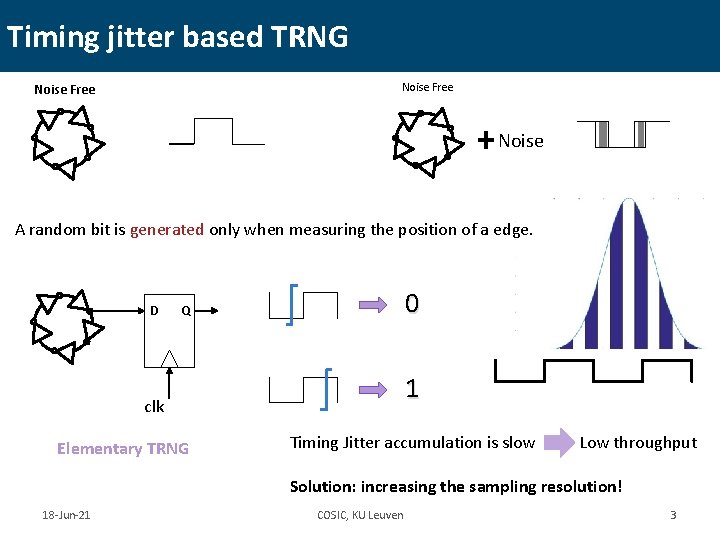 Timing jitter based TRNG Noise Free Noise A random bit is generated only when