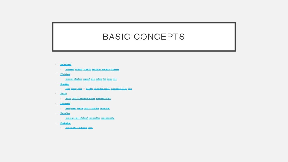 BASIC CONCEPTS • Morphology • • Phonology • • word, lexeme, lemma, lexicon, vocabulary,