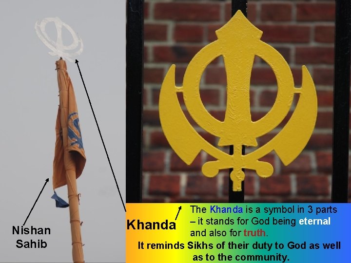 Nishan Sahib The Khanda is a symbol in 3 parts it stands for God