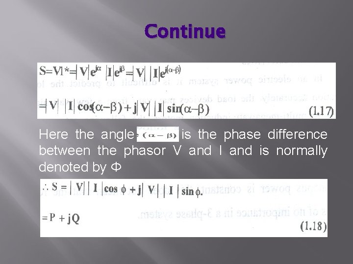 Continue Here the angle is the phase difference between the phasor V and I