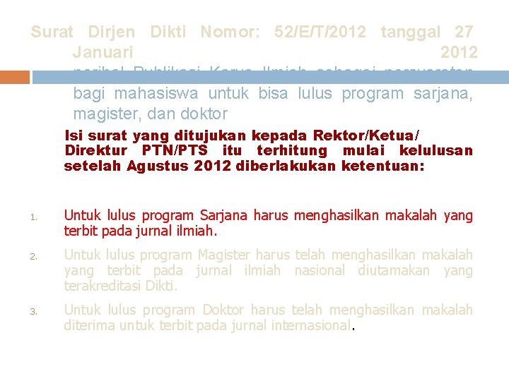 Surat Dirjen Dikti Nomor: 52/E/T/2012 tanggal 27 Januari 2012 perihal Publikasi Karya Ilmiah sebagai