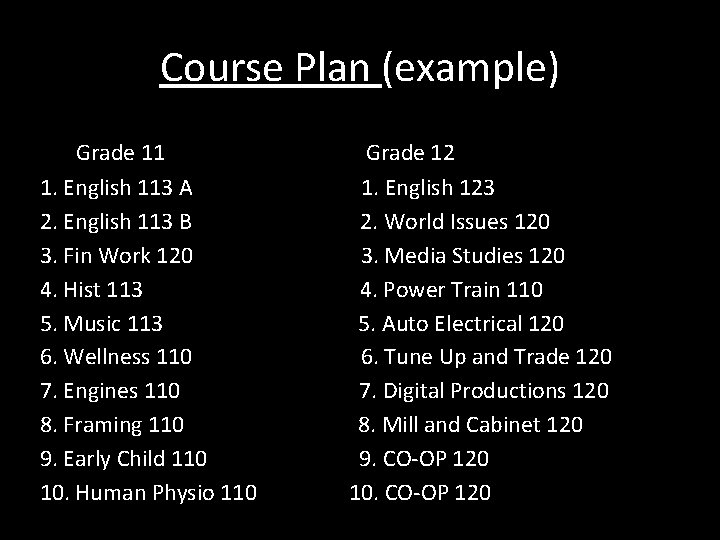 Course Plan (example) Grade 11 1. English 113 A 2. English 113 B 3.