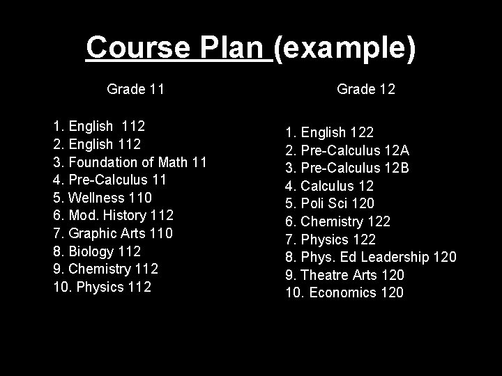 Course Plan (example) Grade 11 1. English 112 2. English 112 3. Foundation of