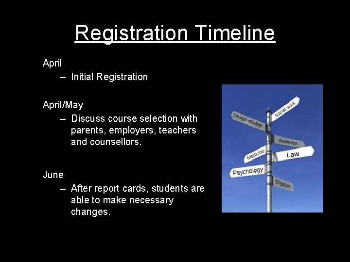 Registration Timeline April – Initial Registration April/May – Discuss course selection with parents, employers,