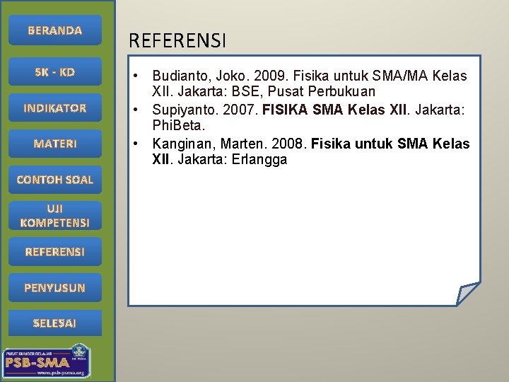 BERANDA SK - KD INDIKATOR MATERI CONTOH SOAL UJI KOMPETENSI REFERENSI PENYUSUN SELESAI REFERENSI