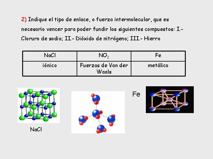 2) Indique el tipo de enlace, o fuerza intermolecular, que es necesario vencer para