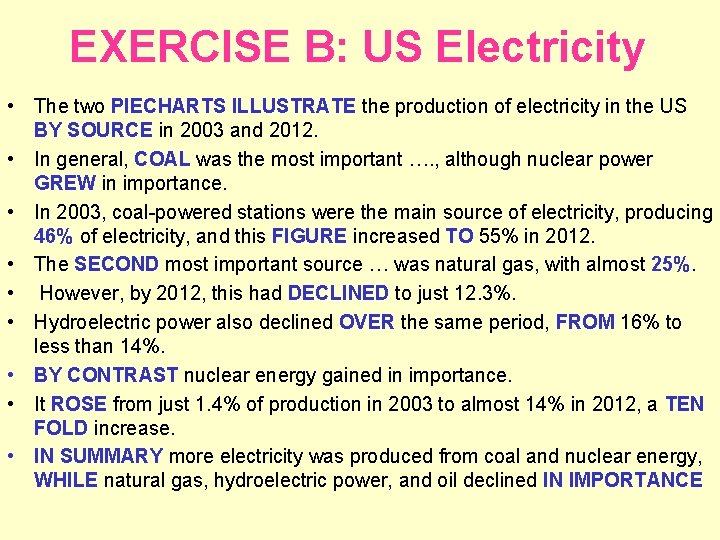 EXERCISE B: US Electricity • The two PIECHARTS ILLUSTRATE the production of electricity in