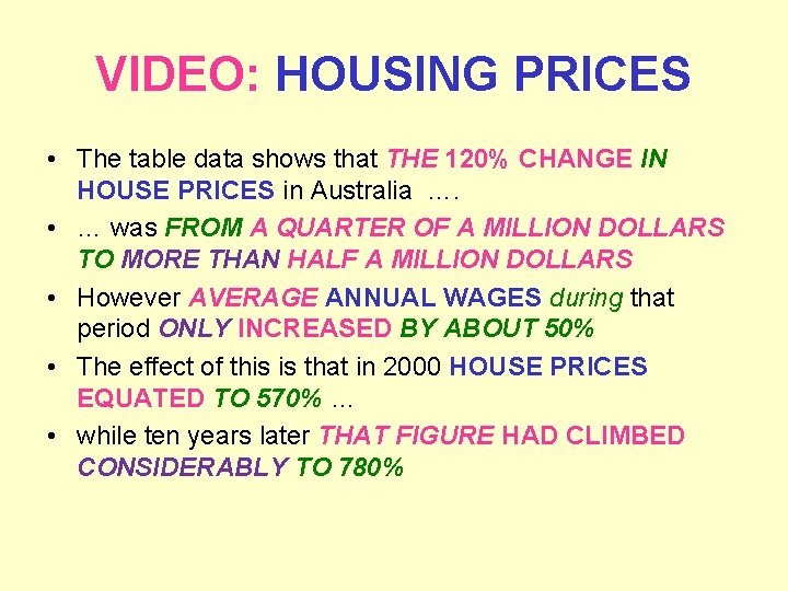 VIDEO: HOUSING PRICES • The table data shows that THE 120% CHANGE IN HOUSE