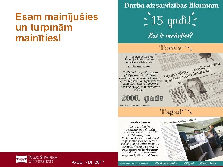 Esam mainījušies un turpinām mainīties! Avots: VDI, 2017 Darba drošības un vides veselības institūts